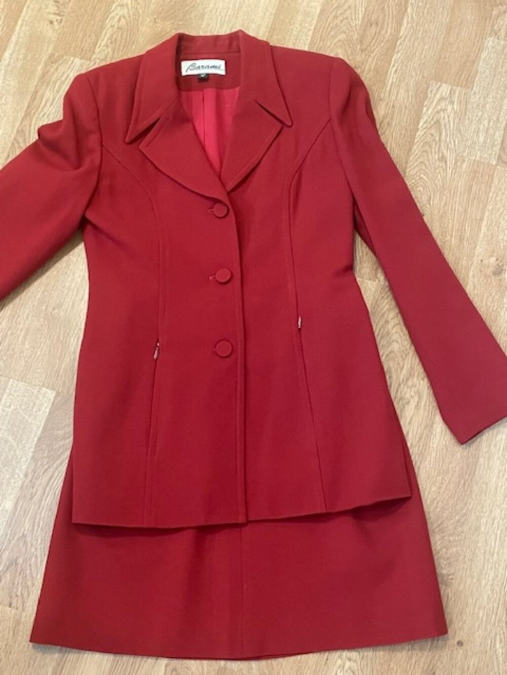 1990s Vintage Barami Red Wool Blazer Jacket Skirt Suit Sz 4/6